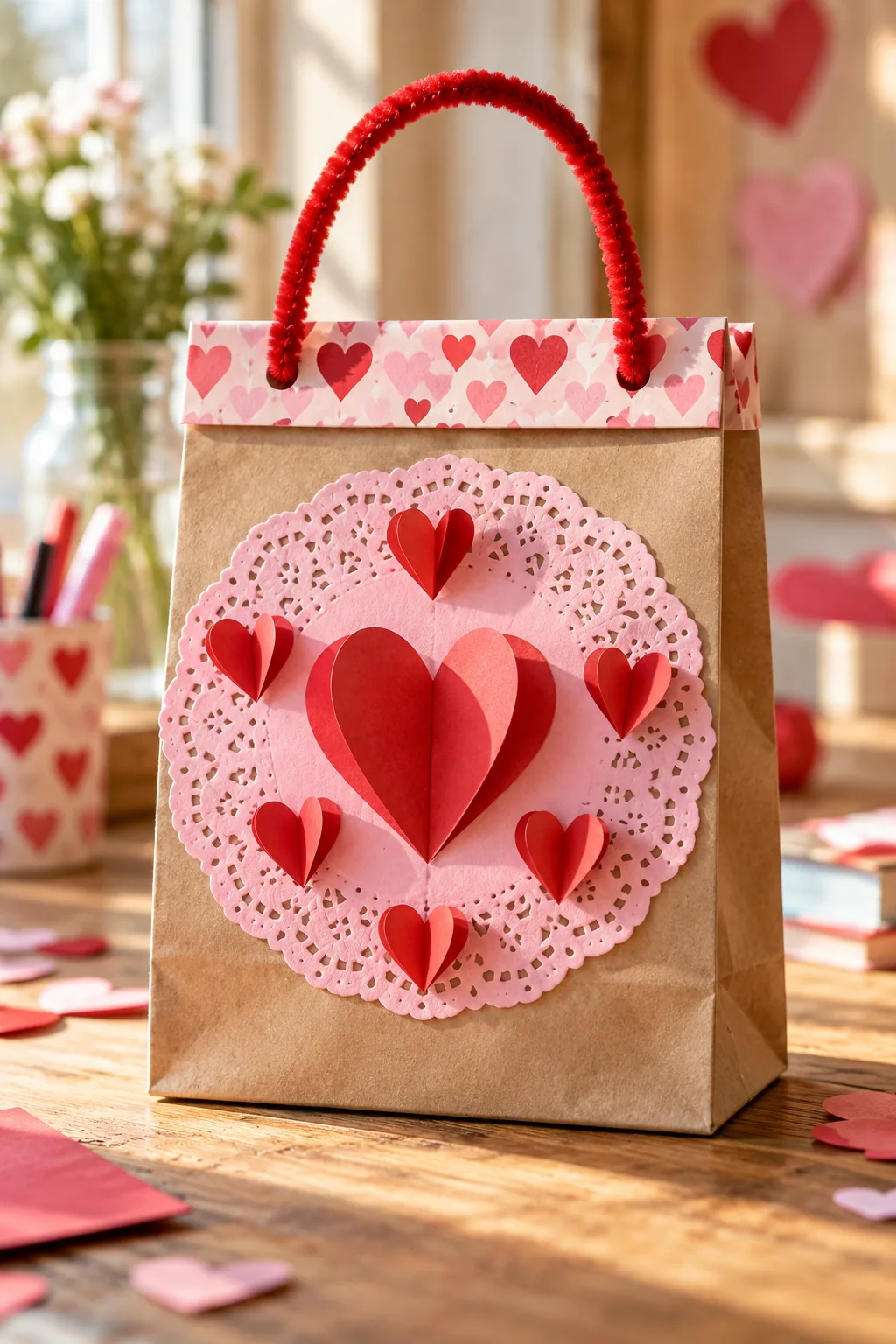 A smooth, wrinkle-free pink paper doily attached flat against the front of a kraft paper bag.