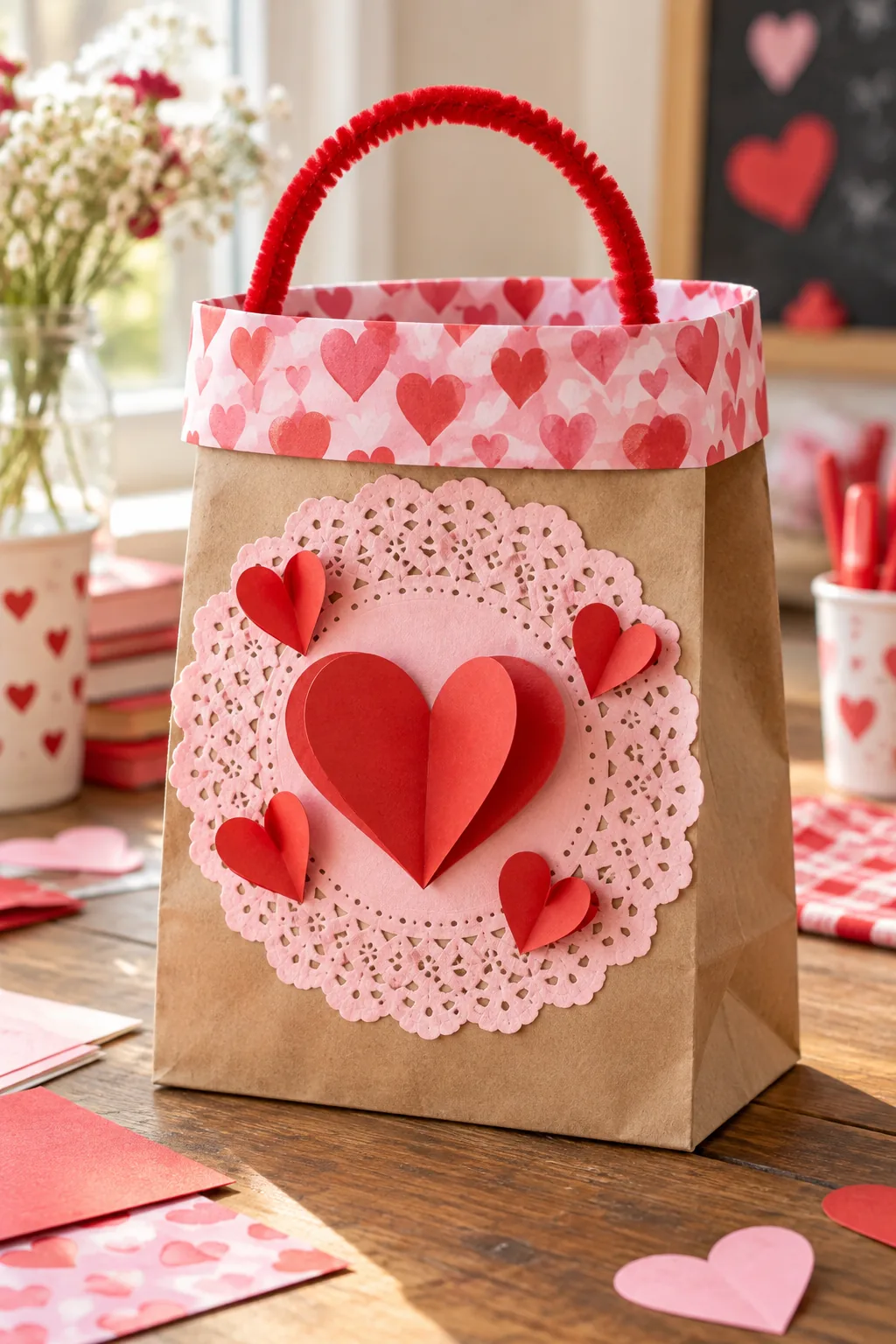 A red paper heart folded in half and attached to a pink doily only by its center crease.