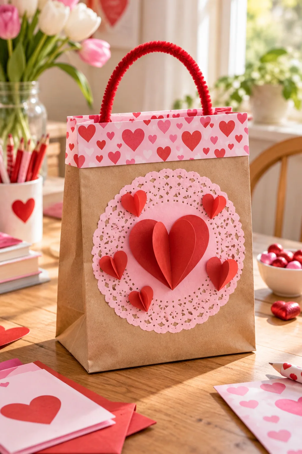 A kraft bag decorated with one large central 3D red heart and several smaller 3D hearts scattered around it.