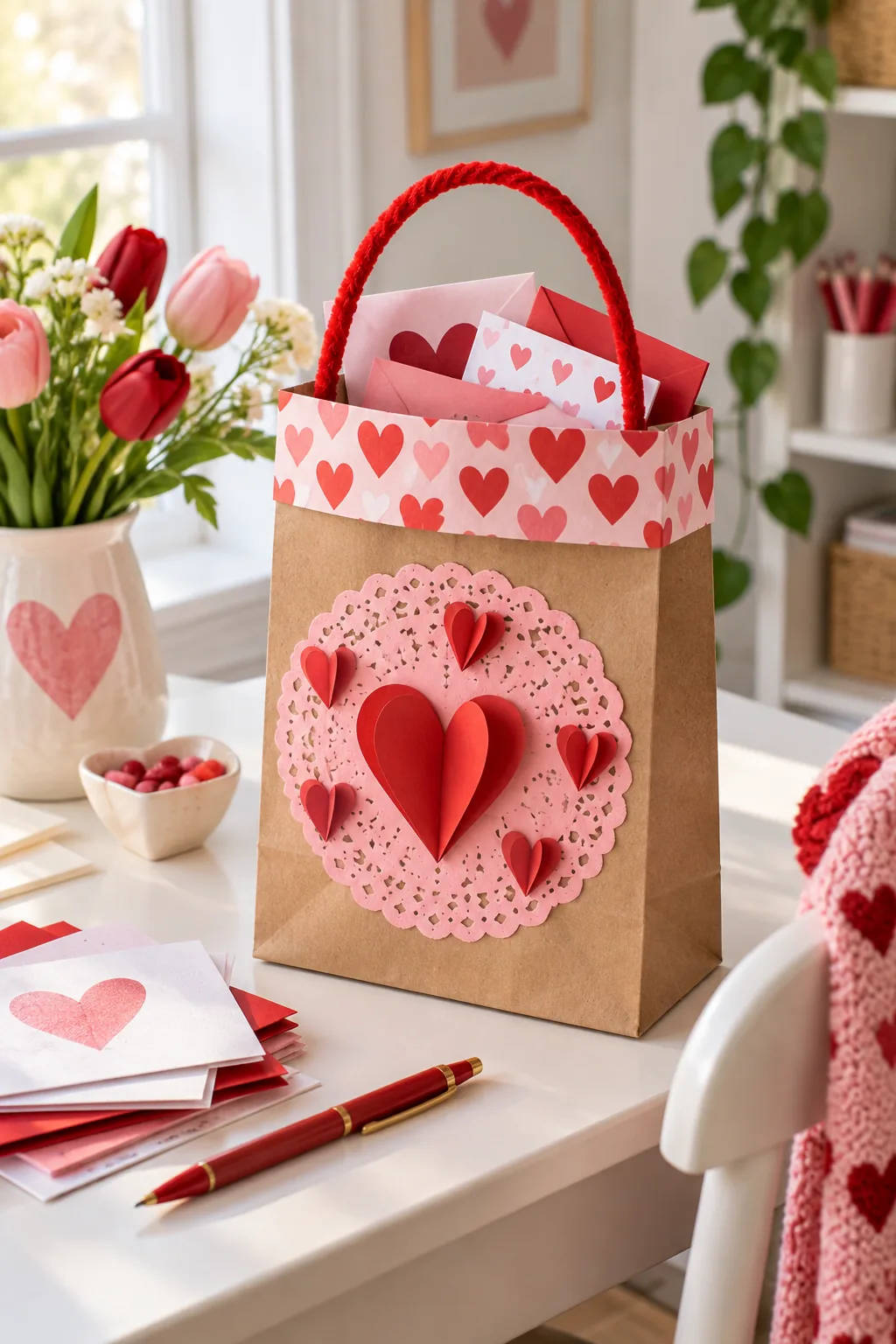 The wide open top of a decorated kraft bag, filled with various colorful Valentine cards and envelopes.