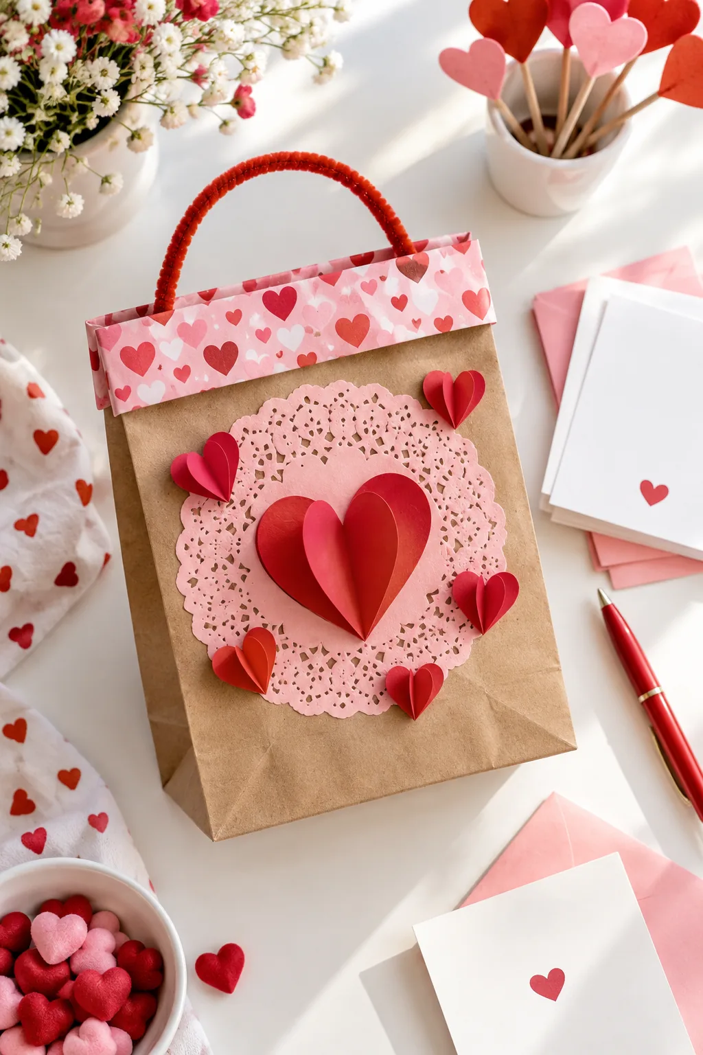 A fully decorated Valentine bag sitting on a white desk next to a stack of blank cards and a pen.