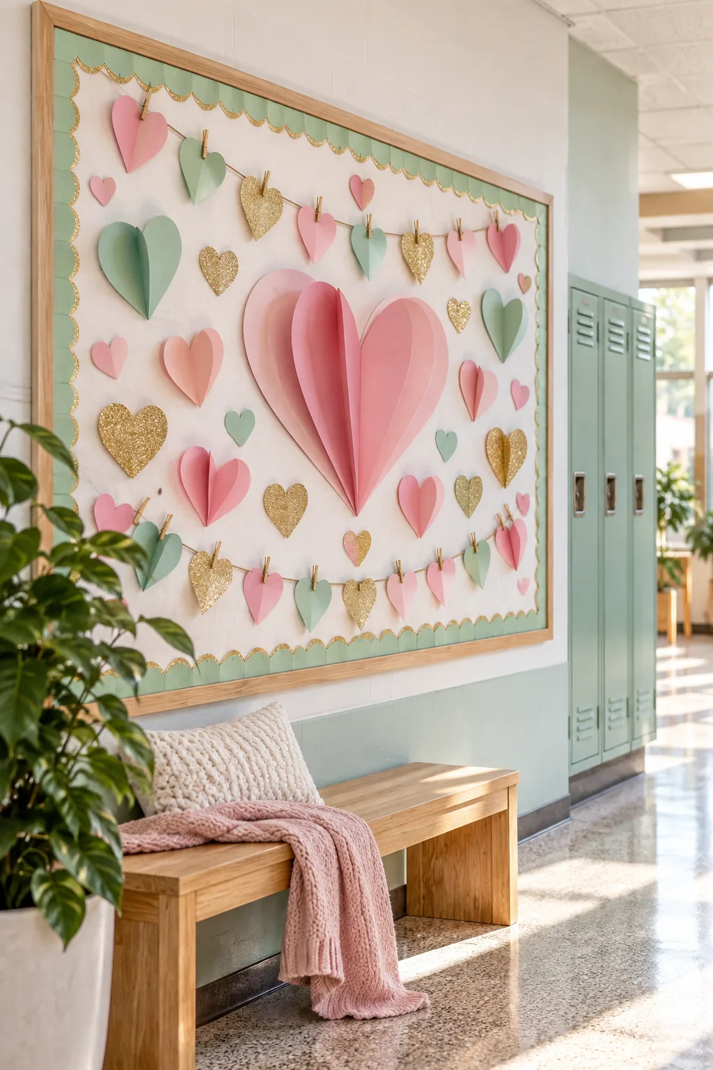 Valentine's bulletin board decorated in mint, blush, and gold colors.