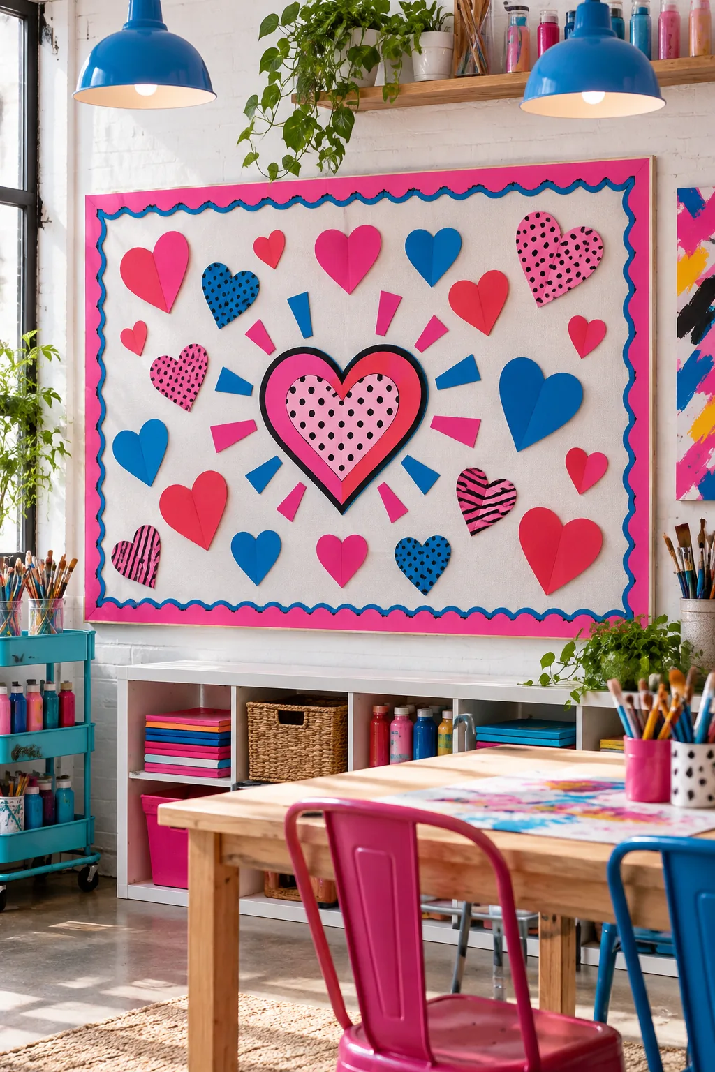 Vibrant Valentine's bulletin board with hot pink and electric blue pop art elements.