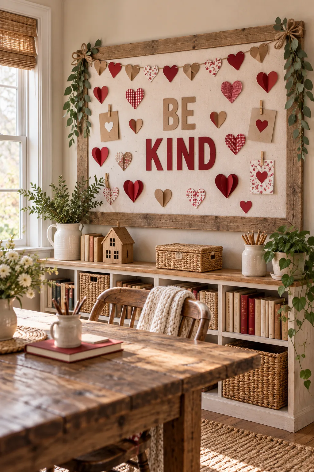 Rustic Valentine's bulletin board featuring kraft paper and crimson accents.