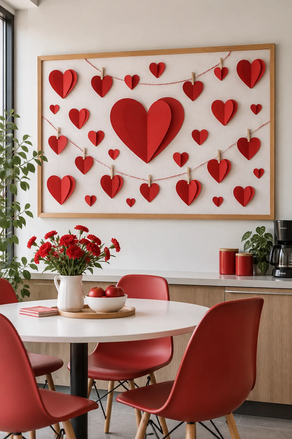 Minimalist Valentine's bulletin board using varying shades of red.