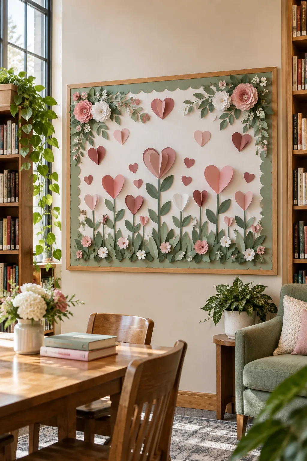 Botanical Valentine's bulletin board with sage green and rose floral elements.