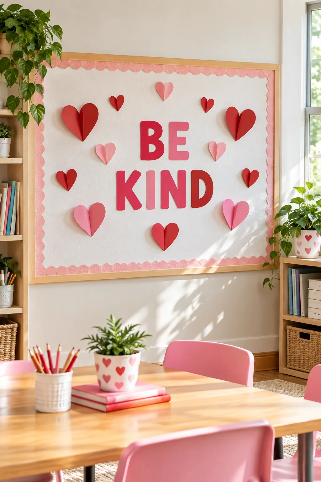 Red and pink paper letters spelling BE KIND on a white bulletin board.