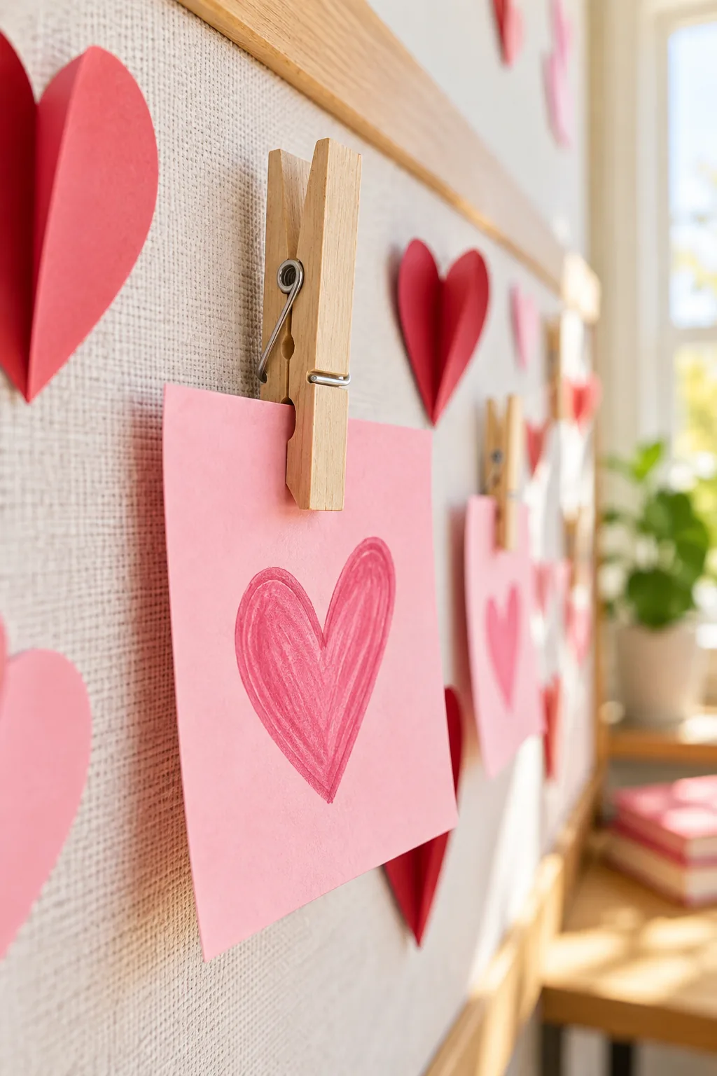 Layered red paper heart attached to a white board with no visible pins.