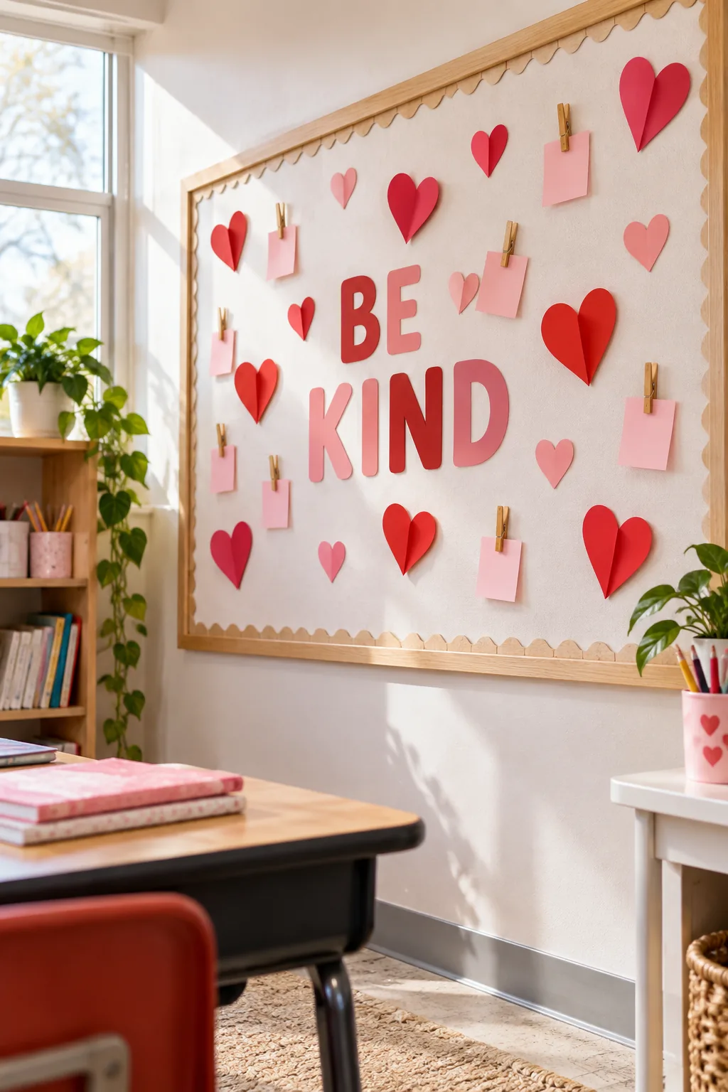 Wooden clothespin gripping a pink Valentine card on a white fabric board.
