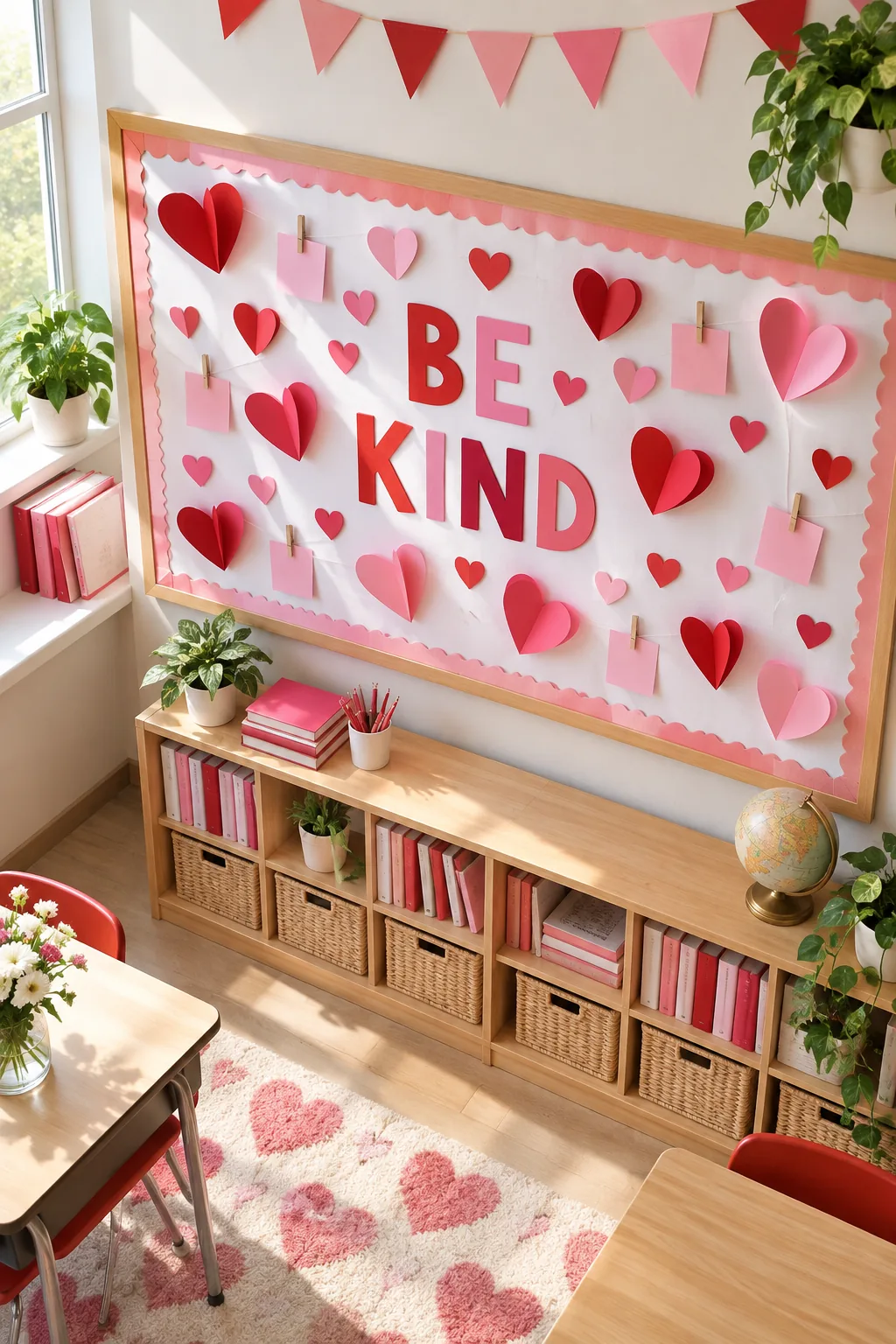 Complete Valentine's Day bulletin board with letters, hearts, and student cards in a sunny classroom.