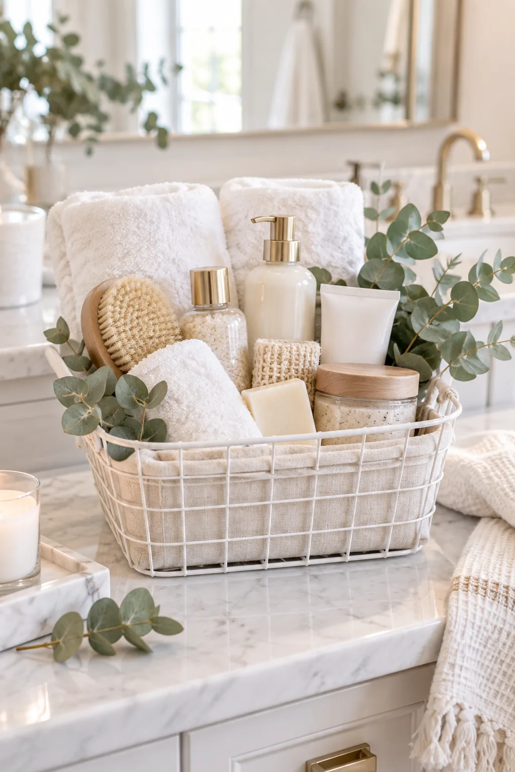 White wire gift basket filled with rolled white towels and cream bath products on a bathroom vanity.