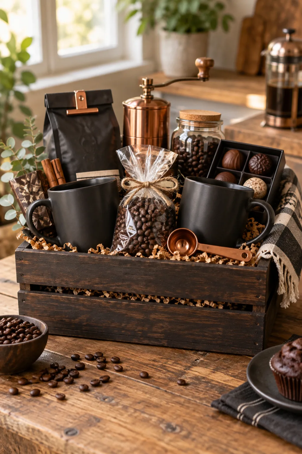 Dark wooden crate filled with matte black coffee mugs and copper accessories on a rustic table.