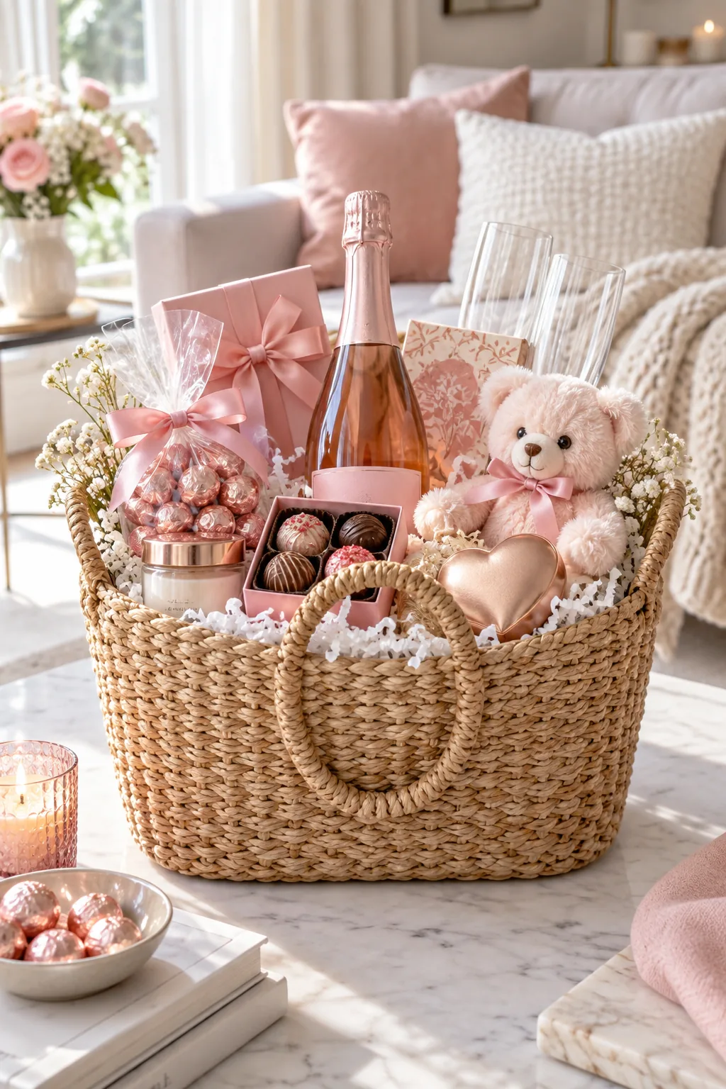 Woven tote bag filled with blush pink champagne and rose gold treats in a sunny room.