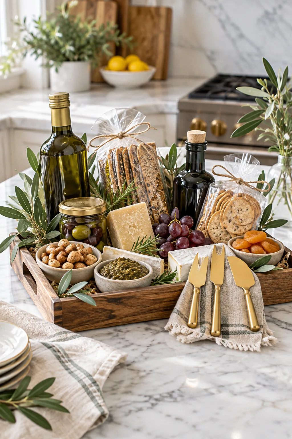 Shallow wooden tray filled with olive oils, crackers, and gold cheese knives on a marble island.