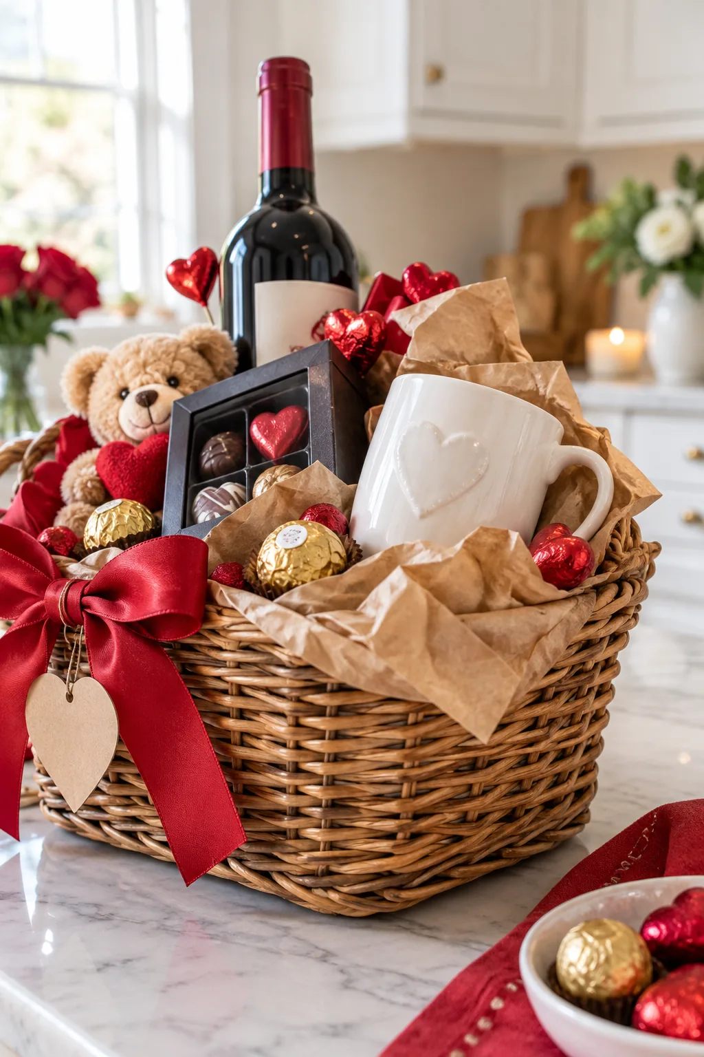 White ceramic mug and wrapped chocolates resting high on crumpled brown kraft paper inside a woven wicker basket.