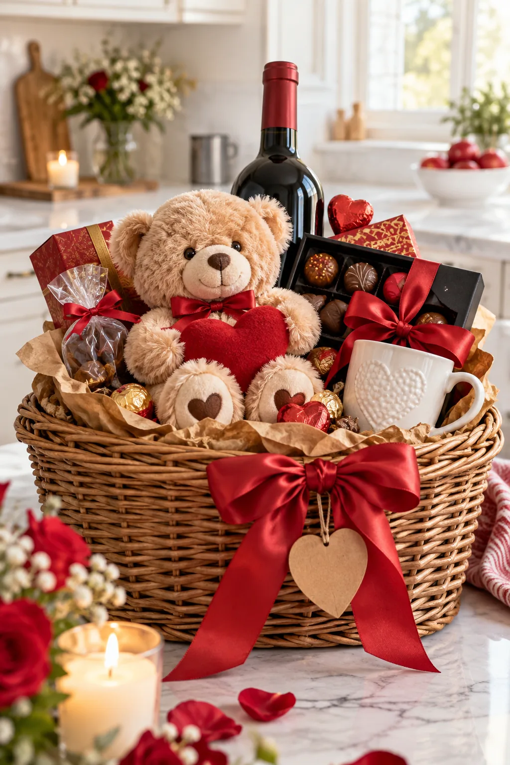 Tall red wine bottle standing upright at the back center of a woven gift basket filled with treats.