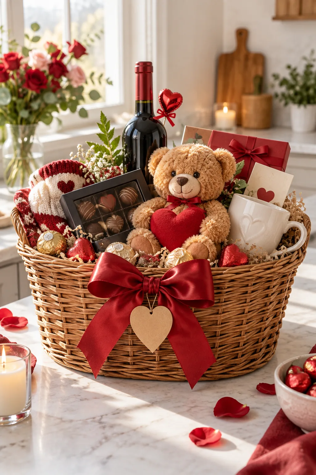 Plush teddy bear holding a red heart nestled next to a black chocolate box inside a gift basket.