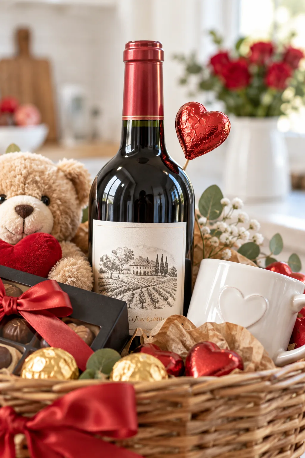 Heart-shaped chocolate elevated on a hidden wooden stick next to a wine bottle in a basket.