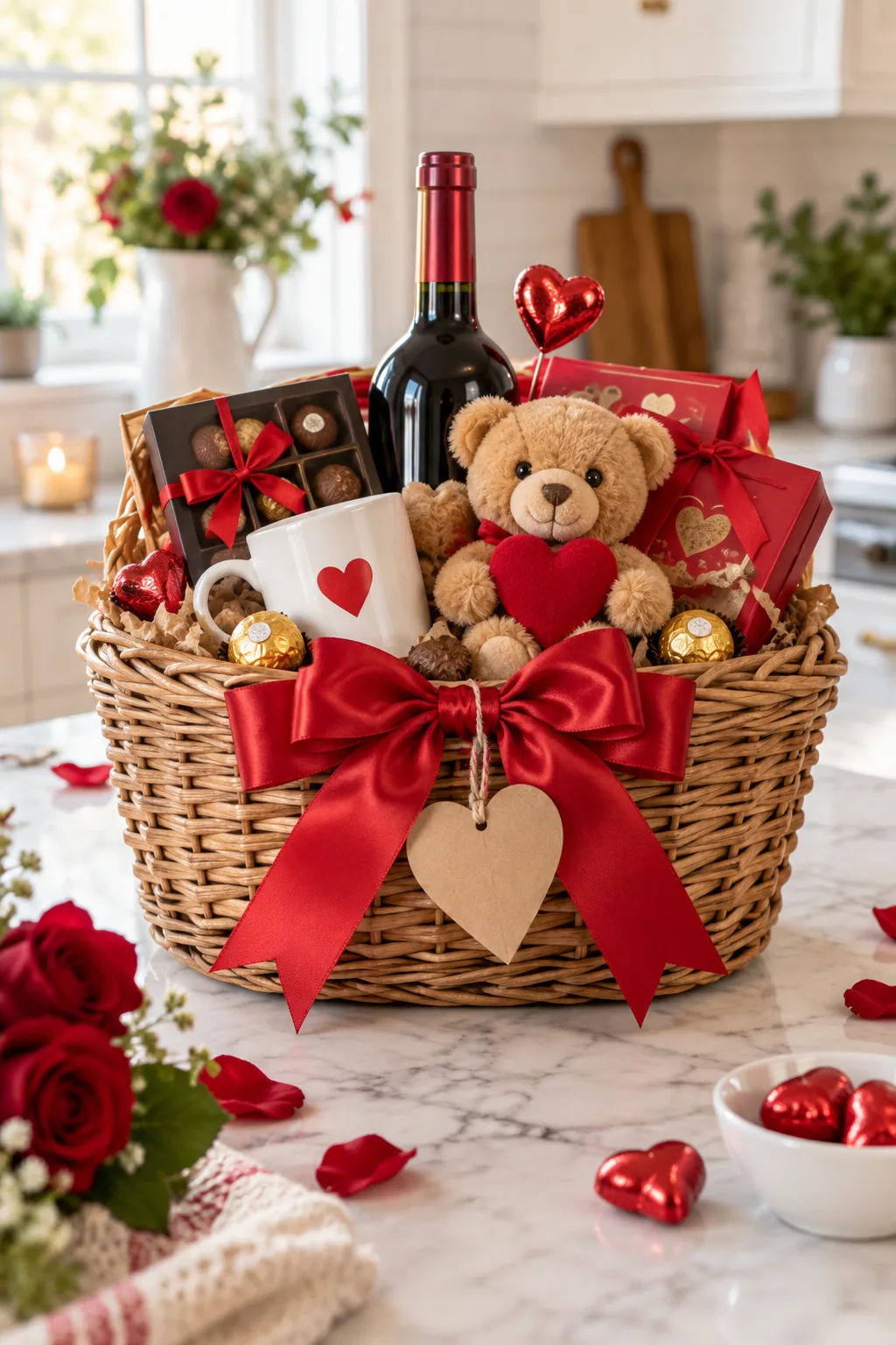 Gold wrapped chocolate and red ribbon draped over the front edge of a woven basket.