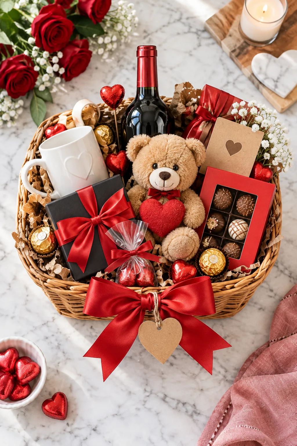 Large red ribbon bow with a brown paper heart tag tied to the front of a woven basket.
