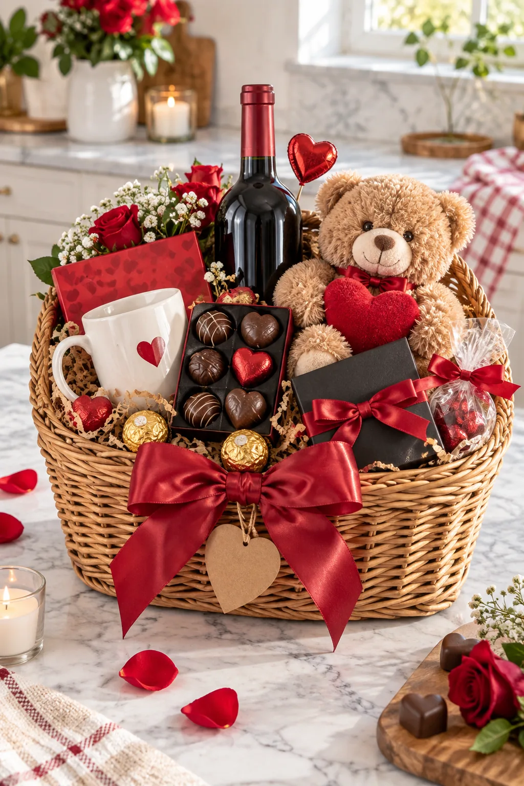 Top-down view of a completed Valentine's gift basket showing wine, chocolates, and a plush bear.