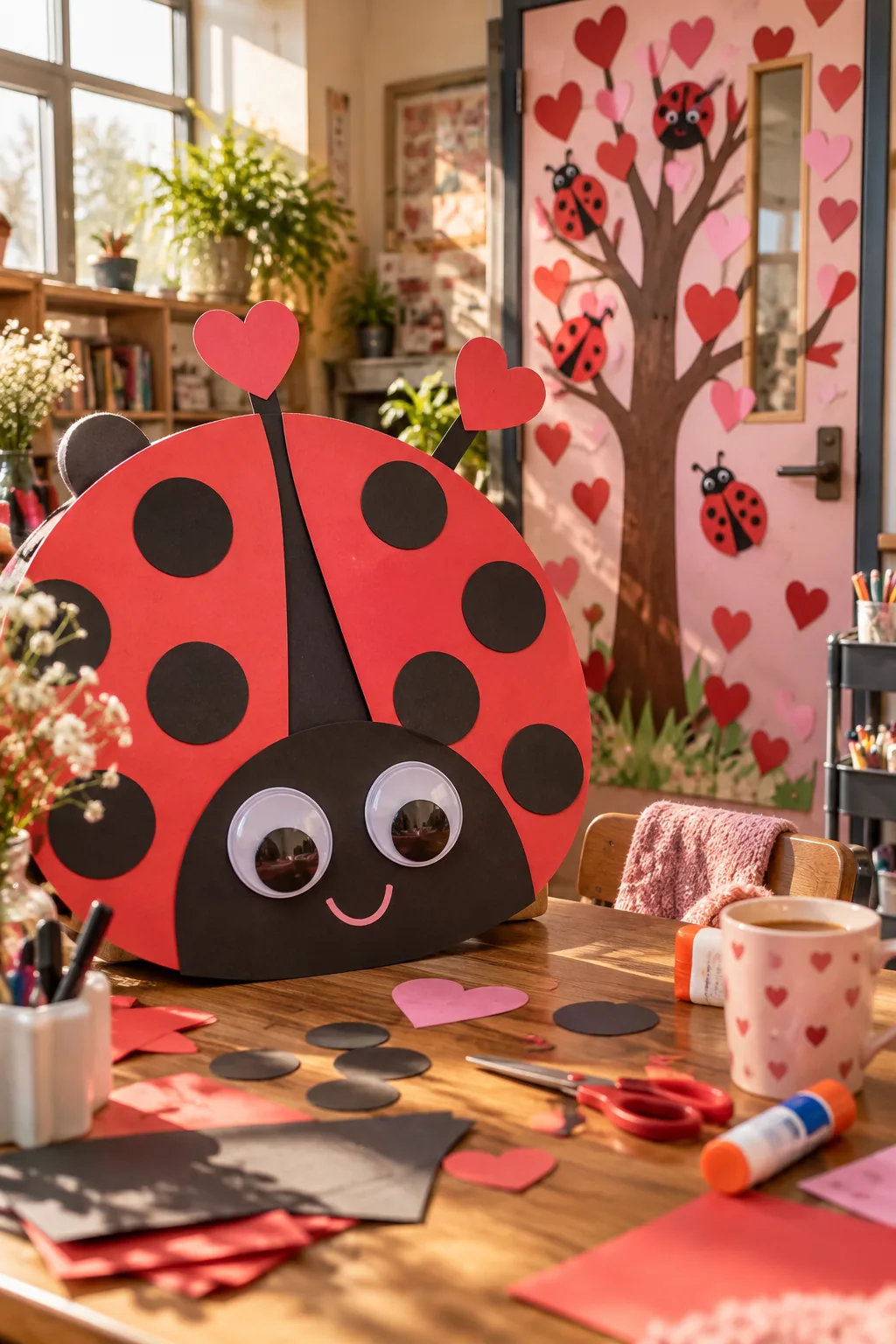 Red and black ladybug decoration on a school door