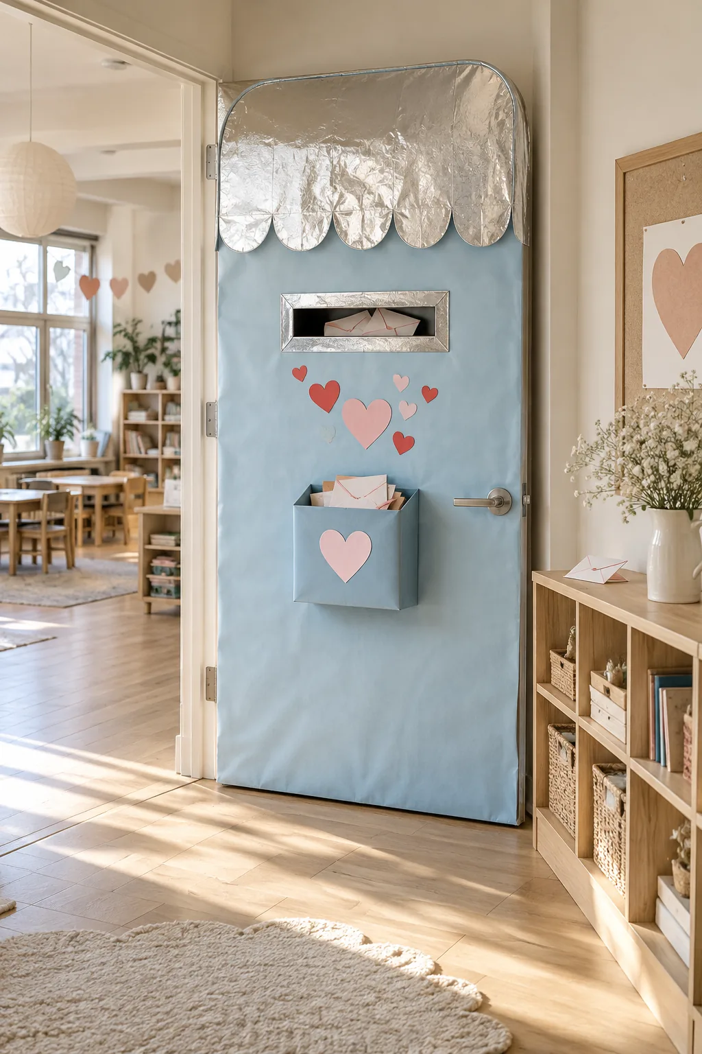 Classroom door styled like a giant blue vintage mailbox