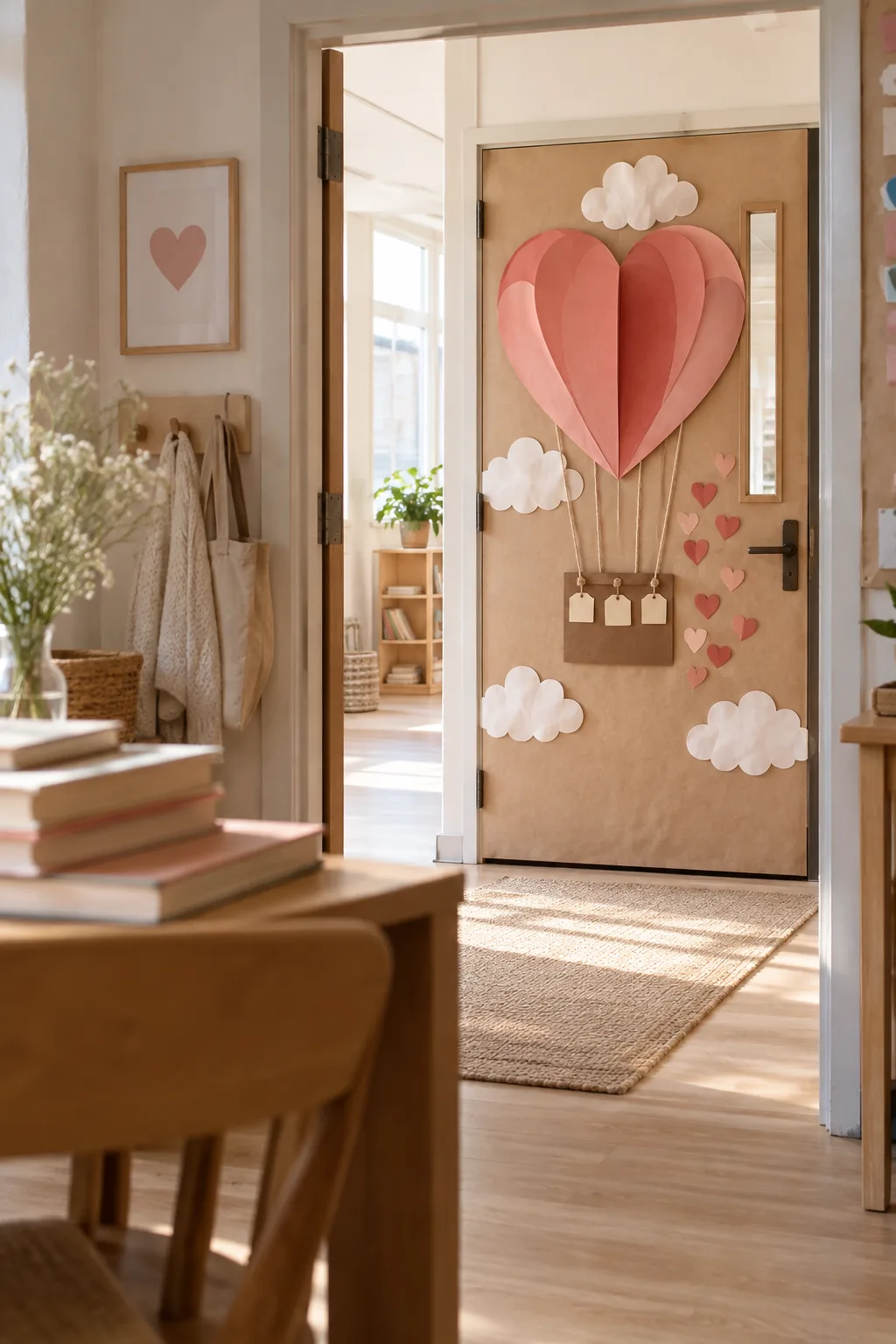 Giant heart-shaped hot air balloon made of paper on a door