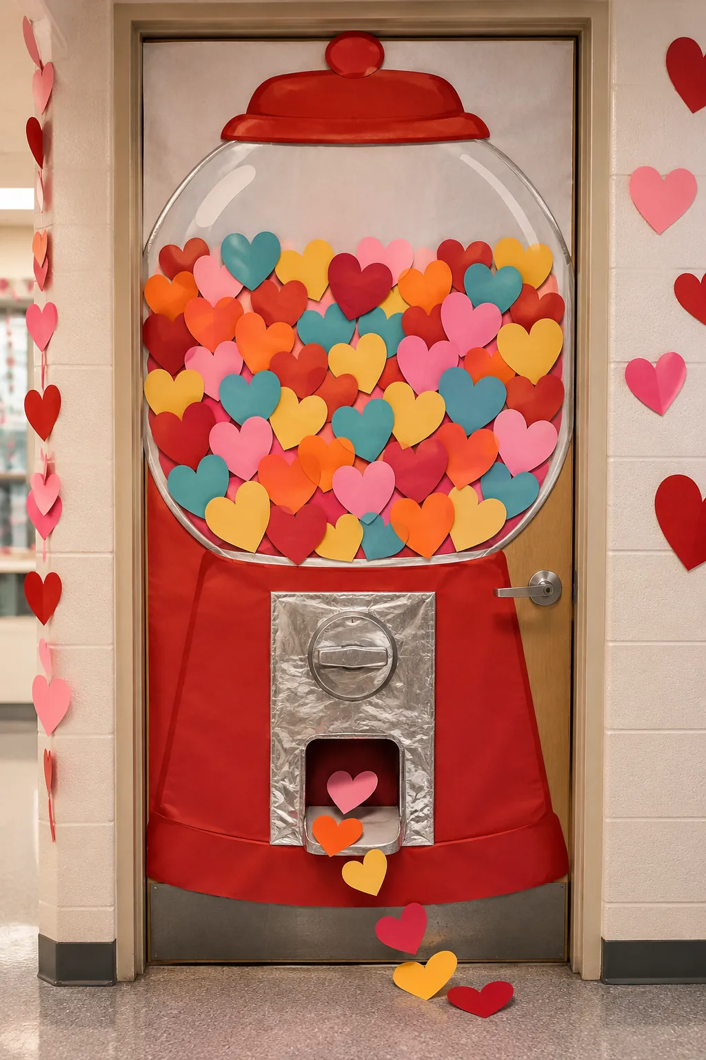 School door decorated as a gumball machine filled with paper hearts