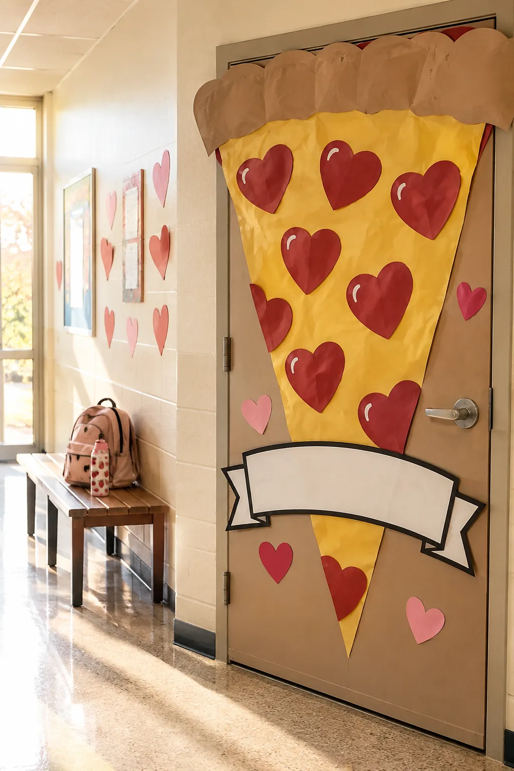 Classroom door looking like a pizza slice with heart pepperonis