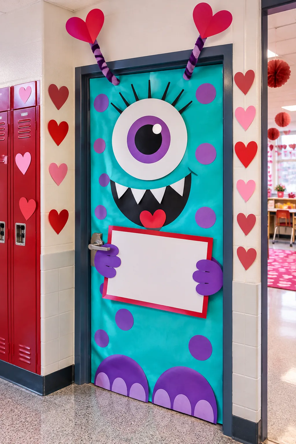 Purple paper monster with heart antennas on a door