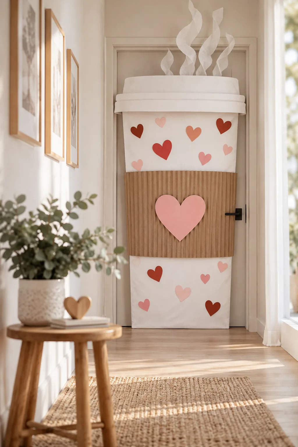 Classroom door decorated as a giant to-go coffee cup