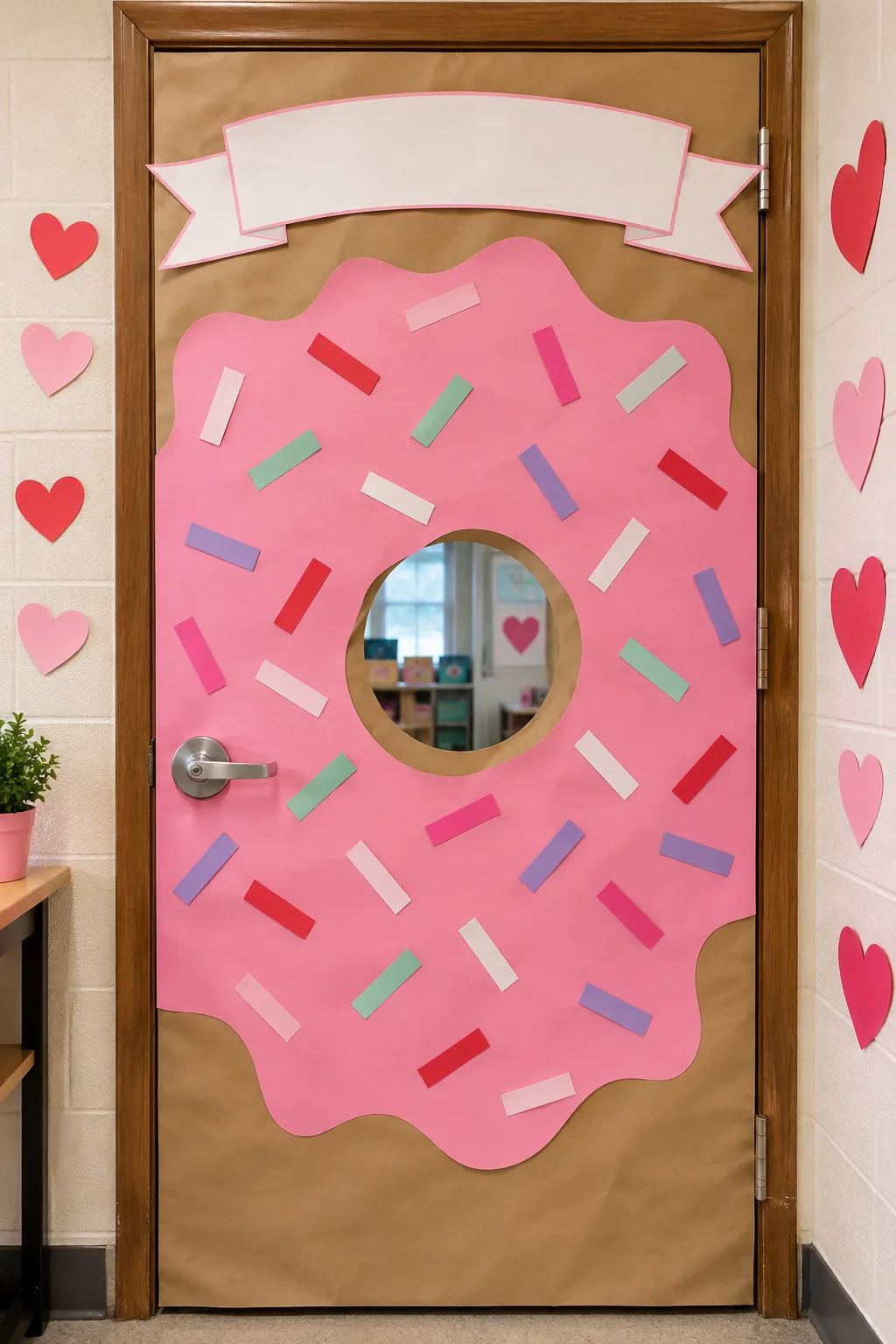 Giant paper donut with colorful sprinkles on a door