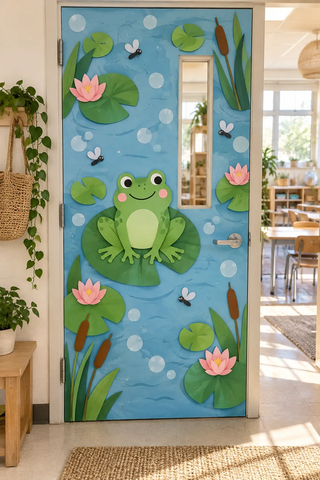 Paper frog sitting on a lily pad classroom door decoration
