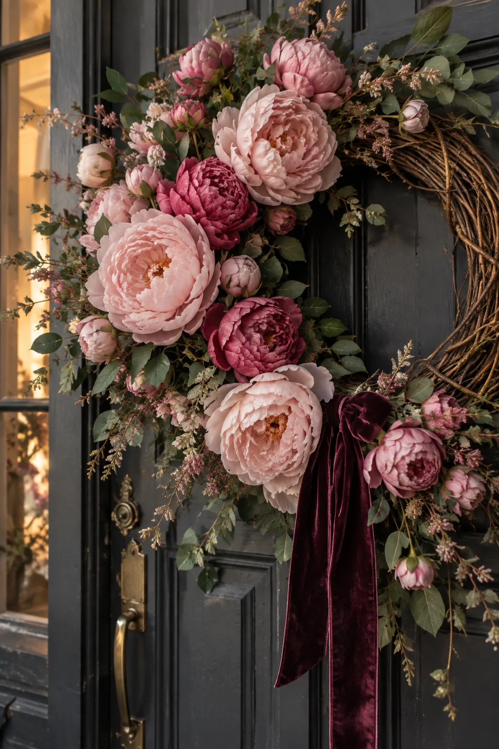 Large pink peony wreath hanging on a black front door with a velvet ribbon