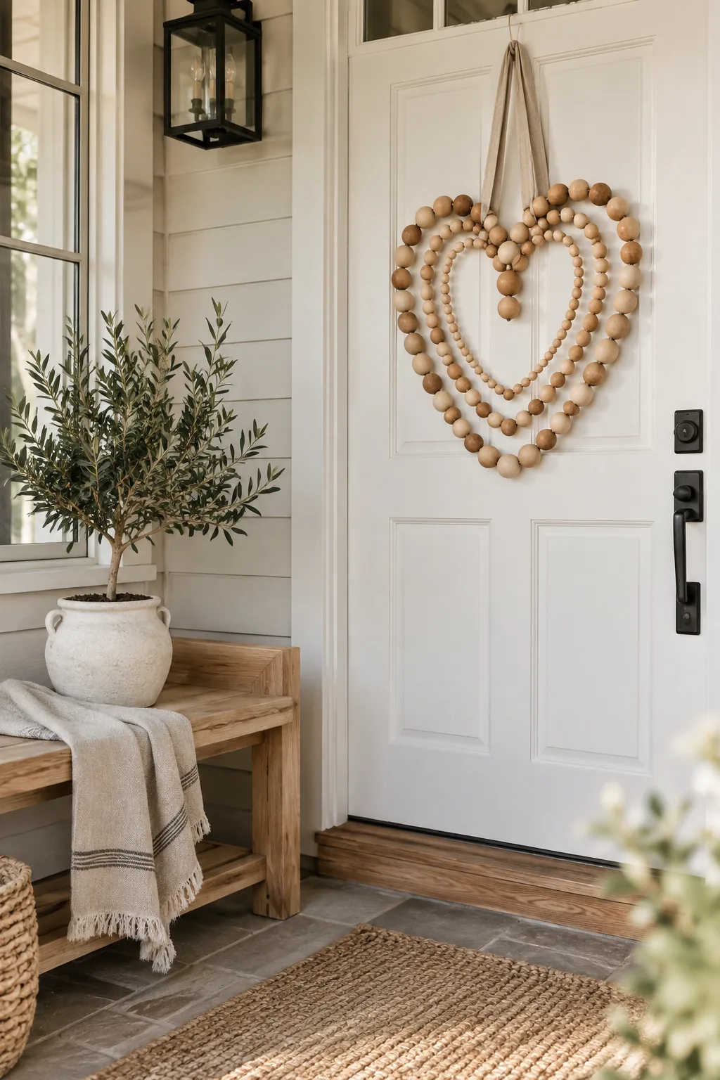 Heart shaped wreath made of chunky wooden beads hanging on a wooden door
