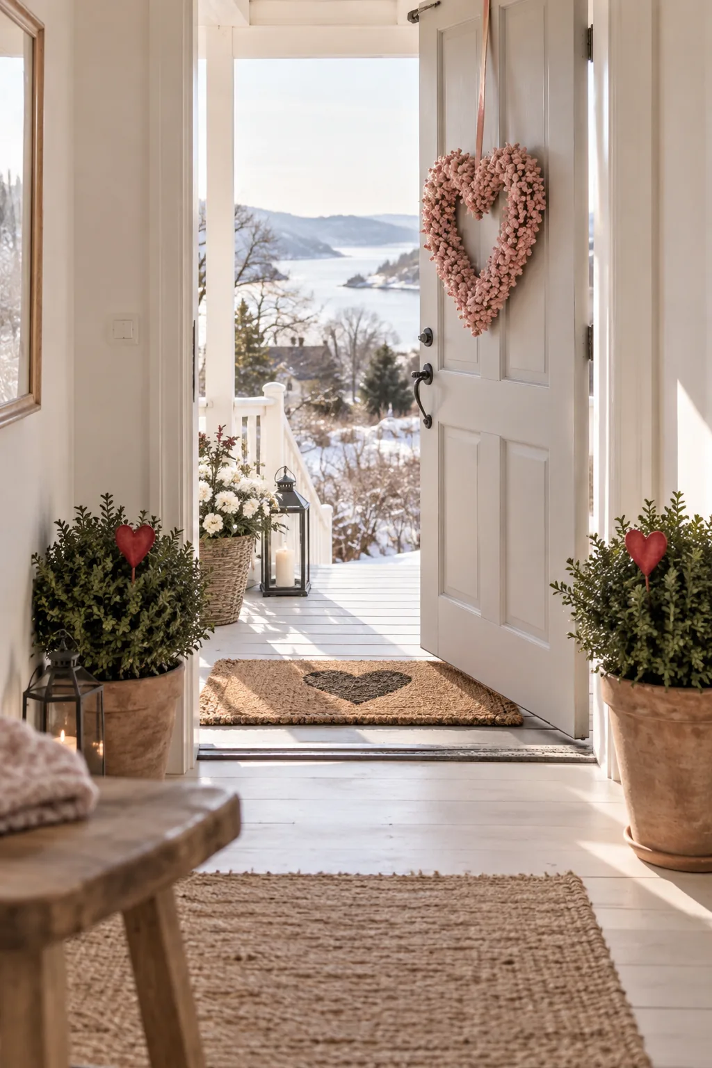 Two potted boxwood plants on a front porch decorated with tiny red wooden hearts