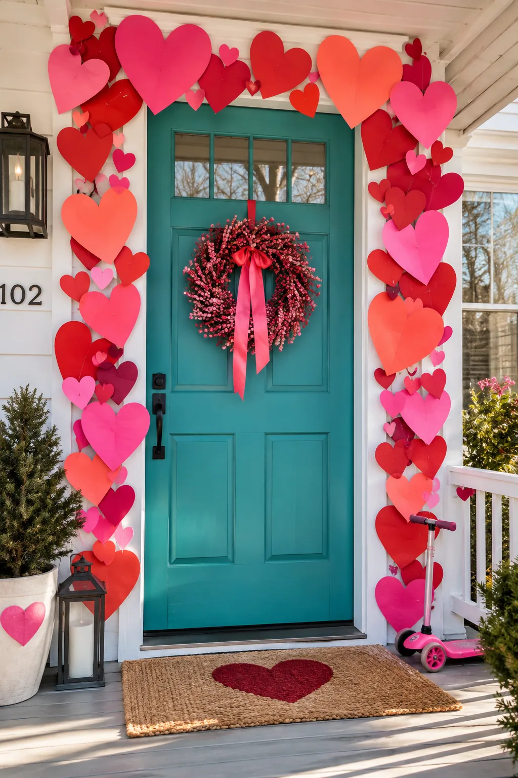Pink and red paper heart garland draped around a white front door frame