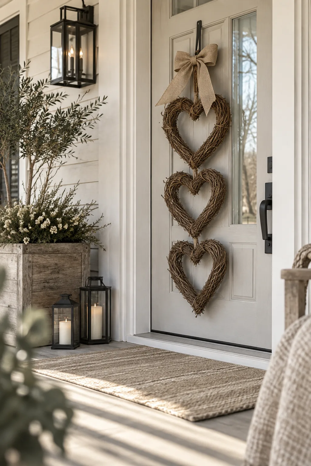 Three rustic grapevine hearts connected vertically hanging on a front door with a burlap bow