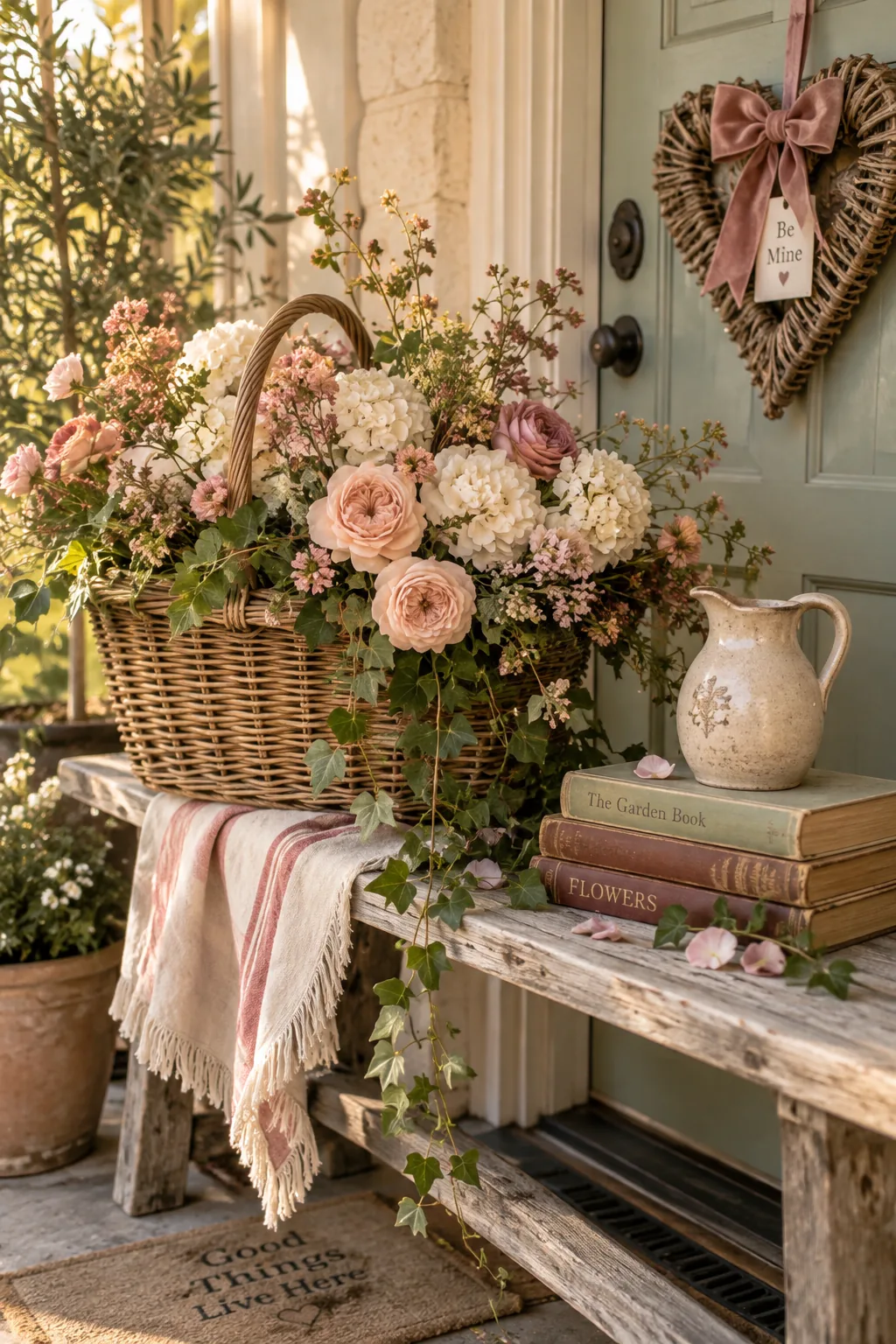 Woven basket filled with peach and cream faux flowers hanging on a white front door