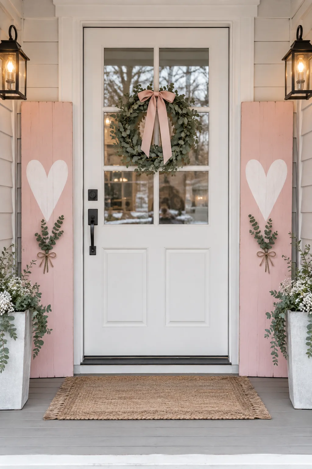 Two tall blush pink wooden signs with white lettering standing next to a front door