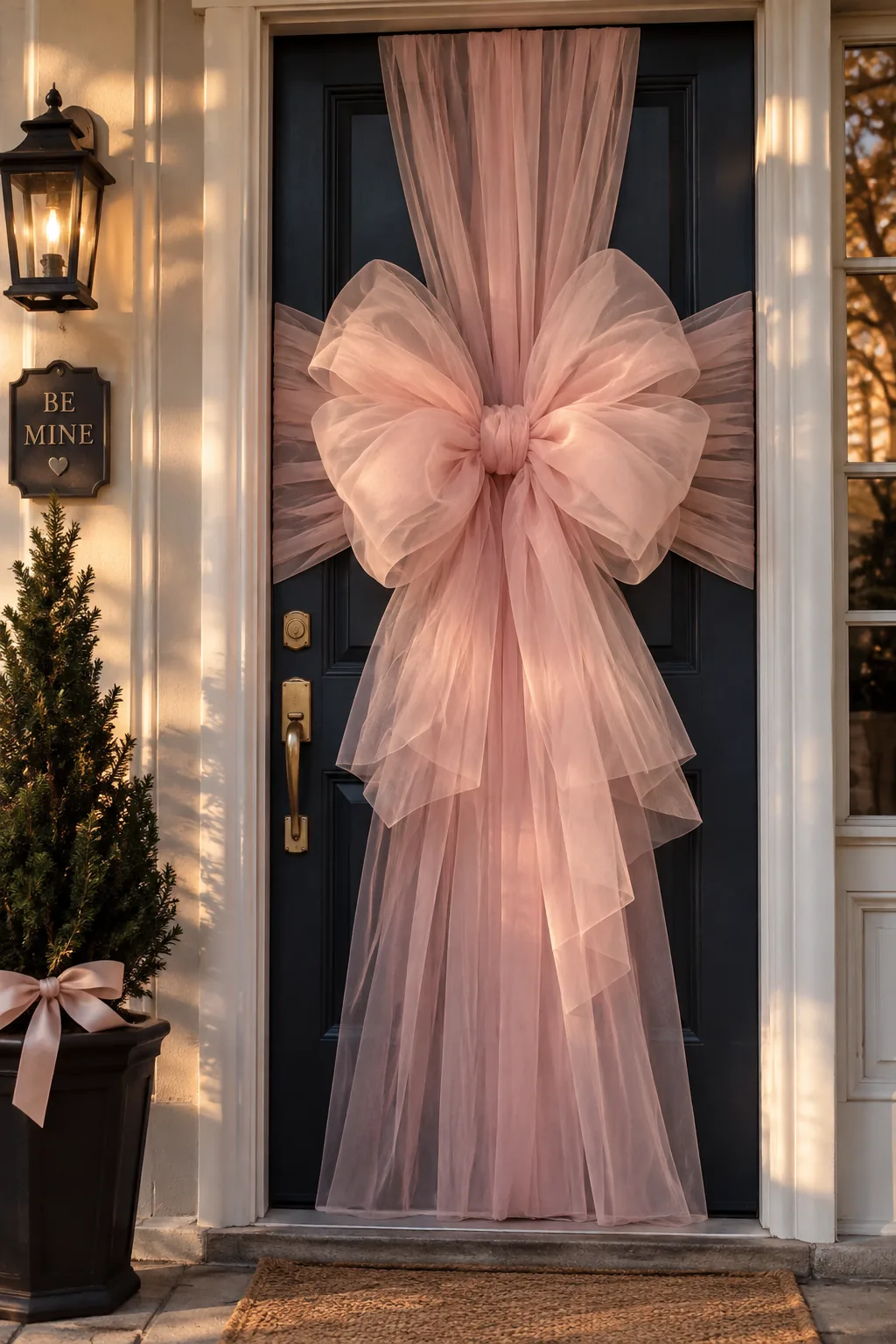 Front door wrapped in pink tulle fabric like a giant present with a large bow