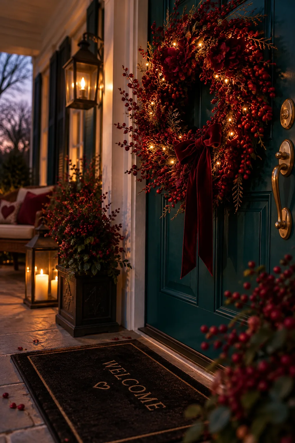 Dark burgundy berry wreath with fairy lights hanging on a front door
