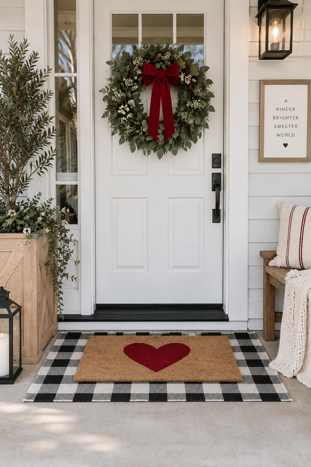 Heart patterned coir doormat layered over a larger black and white buffalo check rug