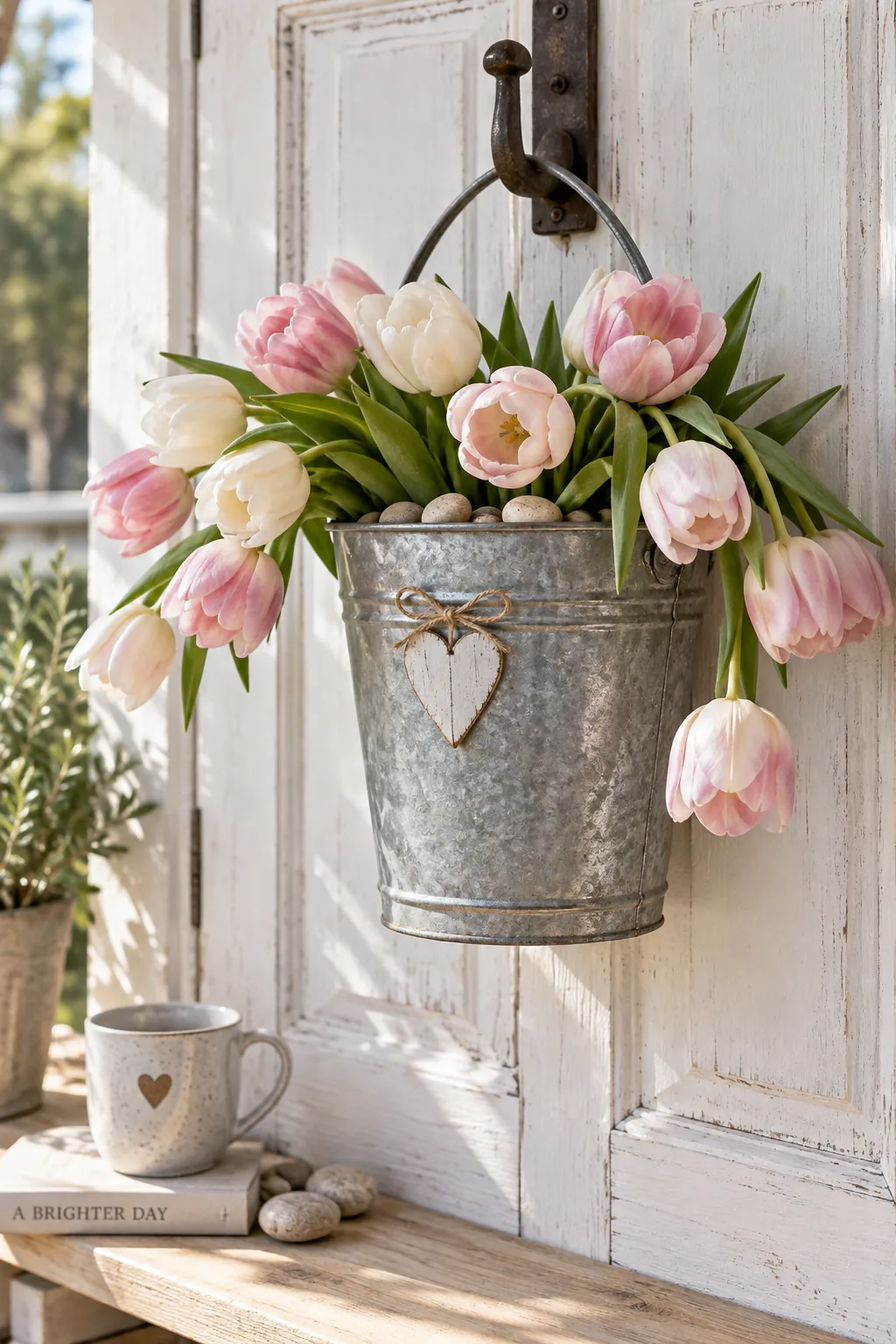 Galvanized metal bucket filled with pink tulips hanging on a wooden front door