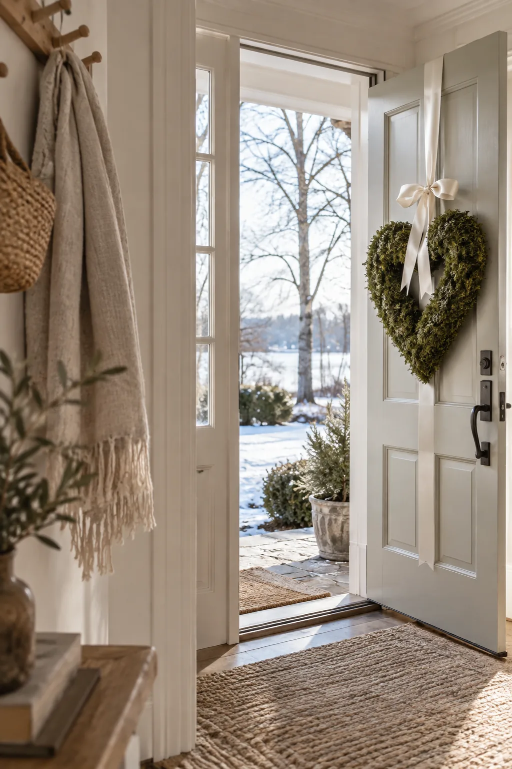 Large heart shaped wreath made of green moss hanging from a satin ribbon