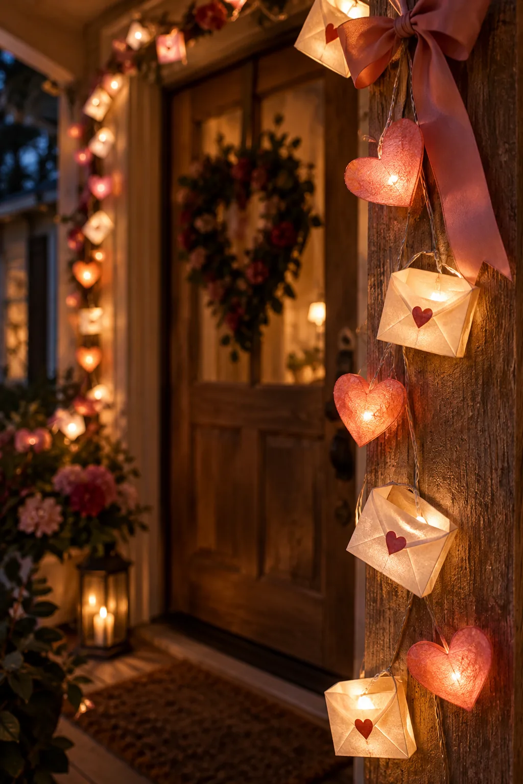 Heart shaped string lights glowing warmly around a front door frame at dusk
