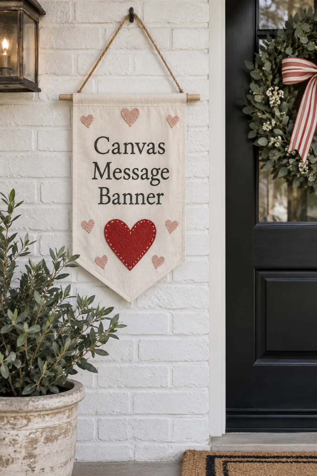 Canvas pennant banner with a Valentines message hanging on a brick wall next to a door