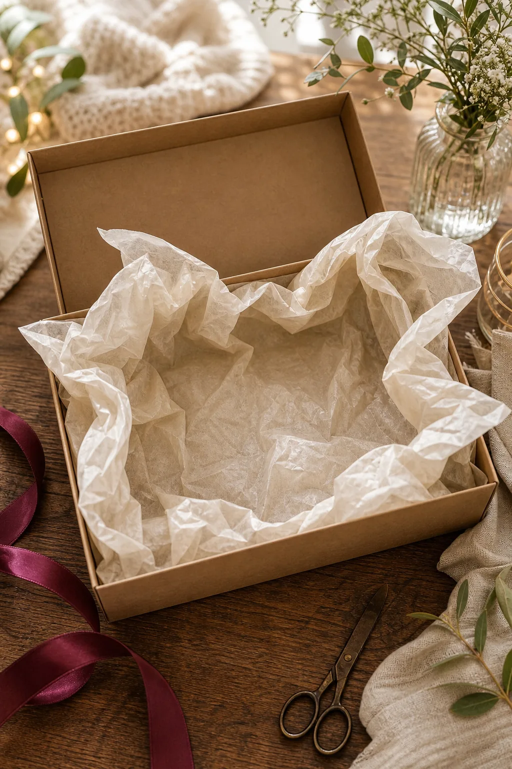 An overhead view of a kraft paper box being lined with crumpled cream tissue paper.