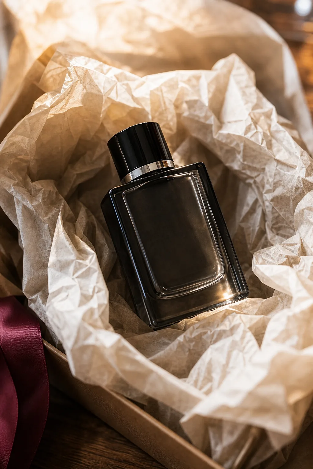 A dark glass cologne bottle nestled deeply into cream tissue paper.